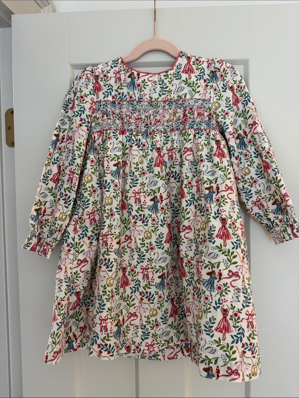 Mini Boden White Multi Floral Smocked Long-Sleeve Dress